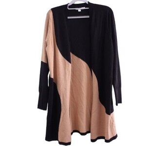 Chico's Intarsia Colorblock Open Front Midi Cardigan Black Tan Size 1 US M Long